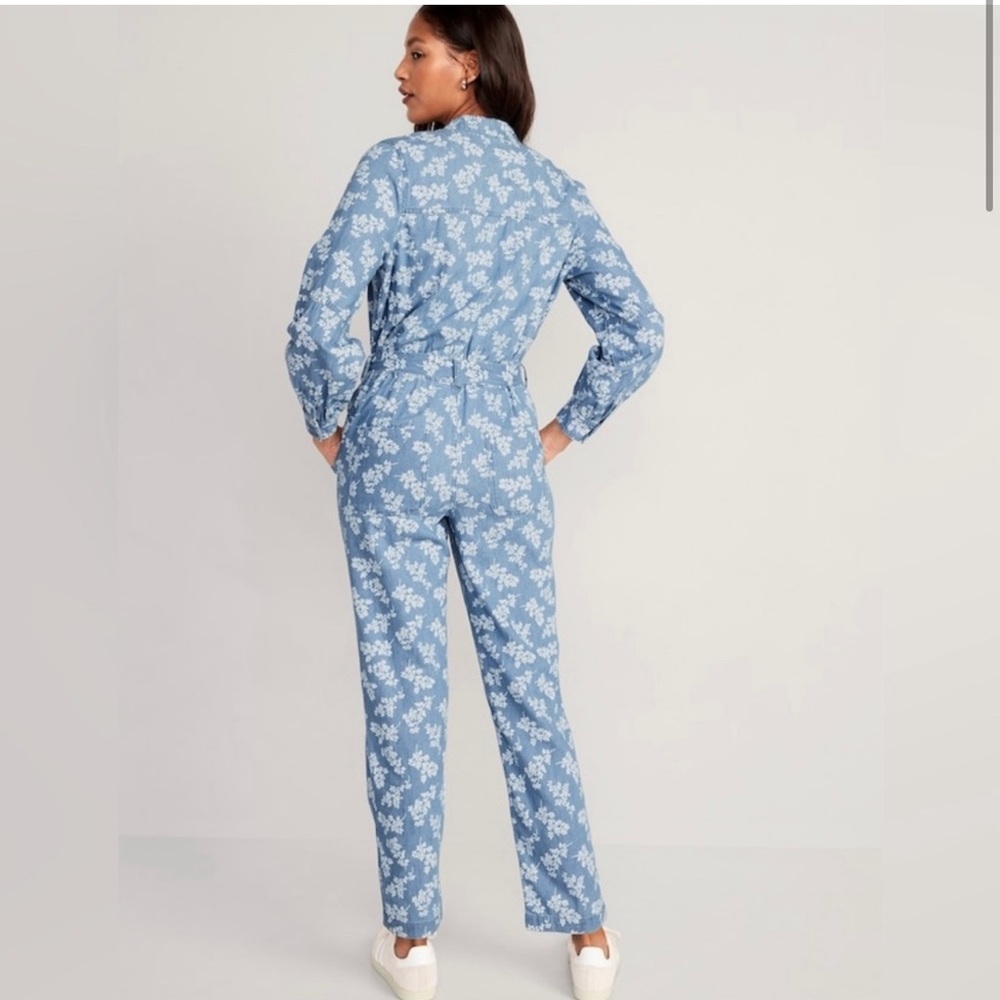 Waist-Defined Floral Utility Non-Stretch Jean Jumpsuit for Women